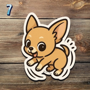 May include: A tan Chihuahua puppy sticker with a black outline, smiling with its tongue out. The sticker has a white border and the number 7 in blue in the upper left corner. The sticker is on a wooden background.