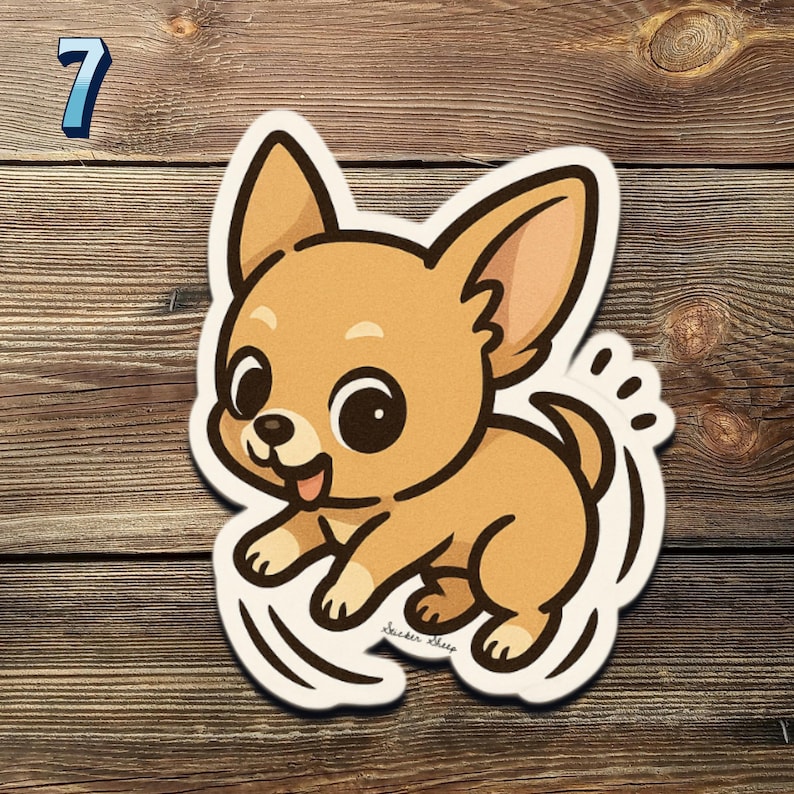 May include: A tan Chihuahua puppy sticker with a black outline, smiling with its tongue out. The sticker has a white border and the number 7 in blue in the upper left corner. The sticker is on a wooden background.