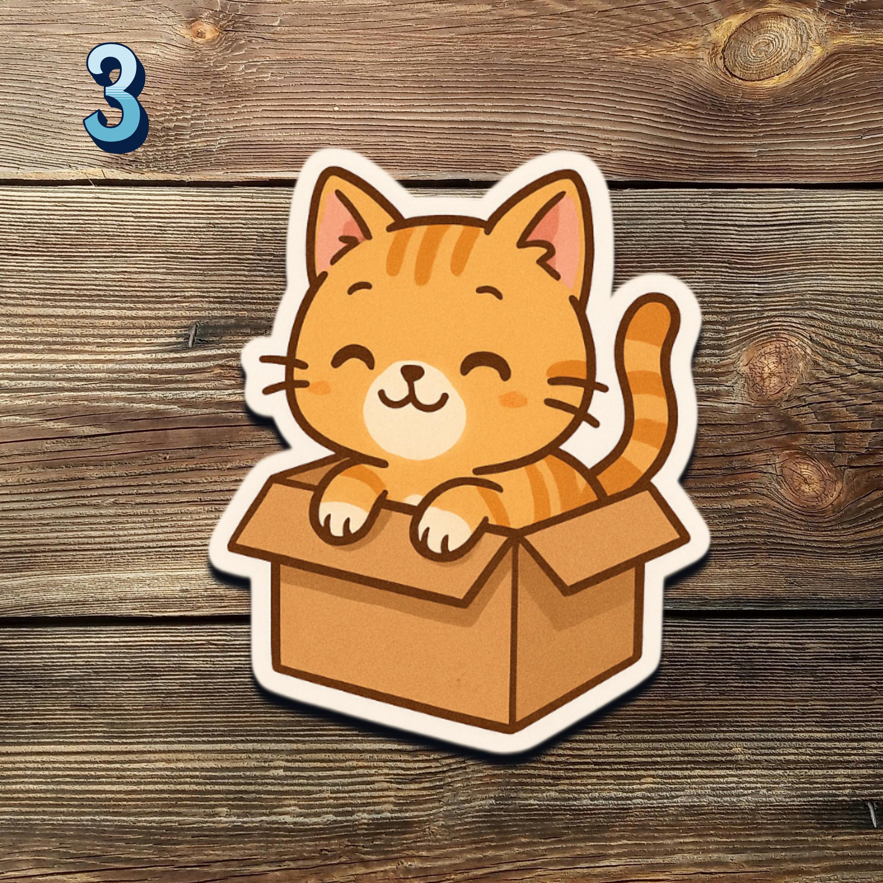 May include: A sticker featuring a cartoon orange tabby cat with brown stripes, sitting inside a brown cardboard box. The cat has a smiling face and is surrounded by a white border. A blue number 3 is in the upper left corner.