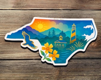 Sticker staat North Carolina – vinylsticker zonsondergang met kleurovergang met vuurtoren en sialia