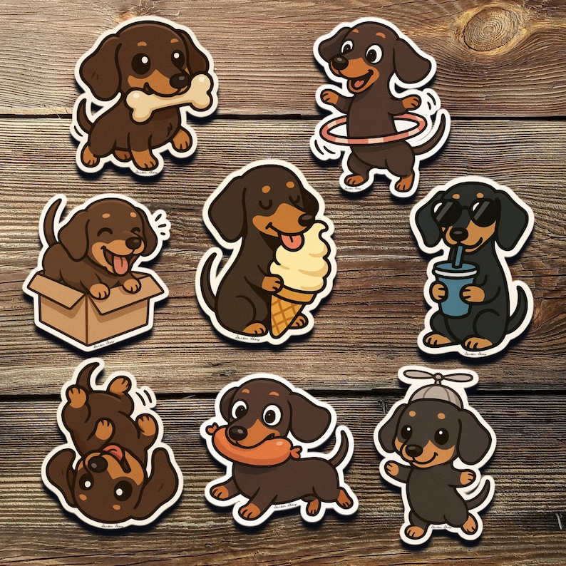 May include: Nine cartoon dachshund stickers in various poses. The brown and black dachshunds are depicted with a bone, hula hoop, and ice cream. The stickers are set against a wooden background, offering a playful and colourful design.