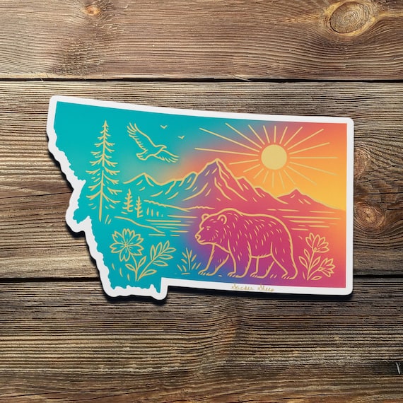Montana Sunset Sticker: Grizzly Bear, Mountains & Wildflowers - Waterproof Vinyl Decal