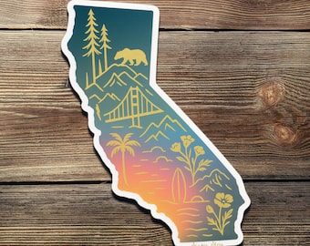 Adesivo in vinile con tramonto in California: design con orso, ponte e tavola da surf
