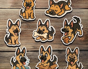 German Shepherd Sticker Pack – Cute Chibi Dog Vinyl Stickers | Funny GSD Decals for Laptop, Journal, Gift for Dog Lovers