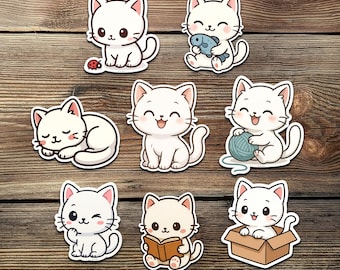 Kawaii White Cat Sticker Set: Waterproof Vinyl Decals