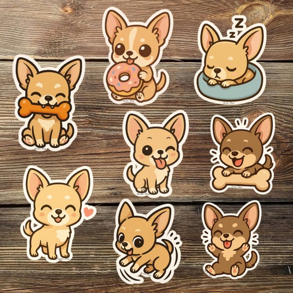 Pacote de Adesivos para Chihuahua – Adesivos Kawaii Fofos para Cachorro | Adesivos de Vinil com Filhotes de Chihuahua Chibi para Laptop, Garrafa de Água e Agenda