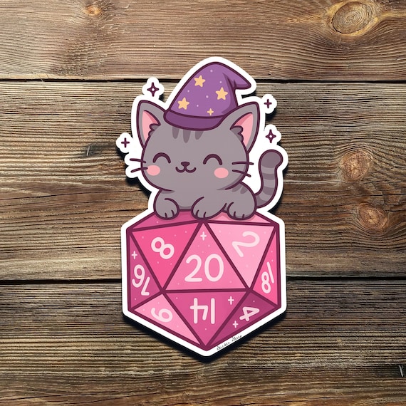 Wizard Cat D20 Dice Sticker: Fantasy RPG Vinyl Decal
