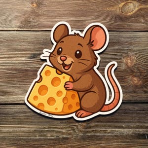 Pegatina de ratón con queso: vinilo kawaii de rata y queso suizo, un regalo ideal para amantes de la comida, los animales o niños.