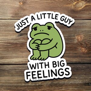 Op de afbeelding: Een groene kikker cartoon sticker met de tekst "Just a little guy with big feelings".
