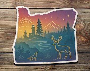 Oregon Sunset Vinyl Sticker: Mountain, Lighthouse, Deer Design