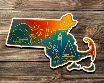 Massachusetts Vinyl Sticker: Lighthouse, Apple & Cape Cod Design