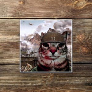 May include: Square sticker featuring a cat wearing a military helmet, set against a backdrop of a war scene with tanks, planes, and soldiers. The cat has a determined expression.