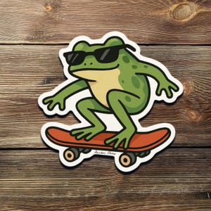 Cool Frog on Skateboard Sticker – Funny Cartoon Amphibian Wearing Sunglasses, Vinyl Decal for Laptop, Water Bottle, or Notebook