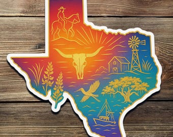 Texas State Vinyl Sticker – Gold Foil Gradient Design with Cowboy, Longhorn, and Windmill