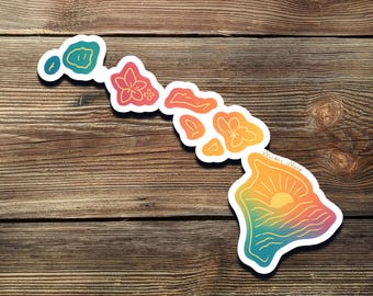 Hawaii Islands Vinyl Sticker: Gradient Sunset, Tropical Florals