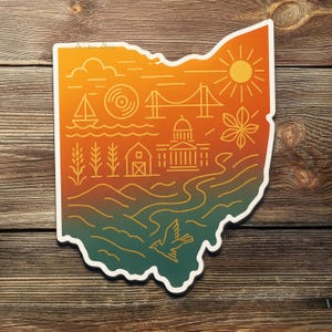 Autocollant en vinyle en forme d'Ohio avec disque Buckeye Bridge et motif Capitol - Décalcomanie d'État imperméable pour ordinateur portable, bouteille d'eau, cadeau