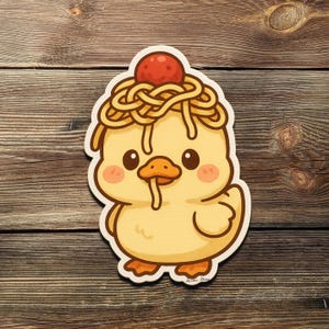 Lustiger Ente mit Spaghetti Aufkleber - Niedlicher Kawaii Vinyl Aufkleber für Wasserflaschen, Laptops, Journals oder Feinschmeckergeschenk