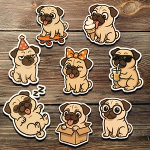 Pug Sticker Pack – Cute Kawaii Pug Dog Vinyl Decals | Funny Chibi Dog Stickers for Laptop, Journal, Pug Lover Gift Set