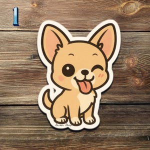 May include: A sticker of a cartoon Chihuahua dog winking and with its tongue out. The dog is light brown with a white belly and pink accents. The sticker has a white border and is set against a wooden background.