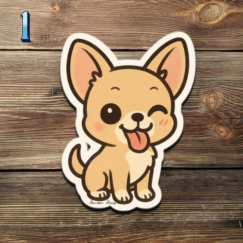 May include: A sticker of a cartoon Chihuahua dog winking and with its tongue out. The dog is light brown with a white belly and pink accents. The sticker has a white border and is set against a wooden background.