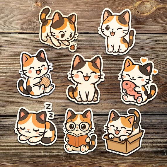 Cute Calico Cat Sticker Pack Kawaii Cartoon Kitty Vinyl Decals for Laptop Water Bottle Scrapbook Planner Gift for Cat Lovers and Kids