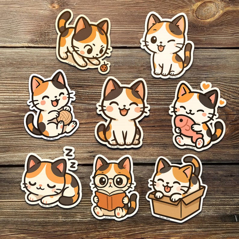 May include: A collection of nine cat stickers with a calico color scheme. The stickers feature various poses, including playing with yarn, holding a fish, wearing glasses, and sleeping. The cats have white, orange, and brown fur.