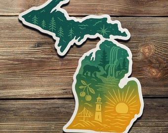 Michigan Sticker: Lighthouse, Bear, Cherry Design - Waterproof Vinyl Decal