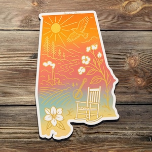 Alabama geformter Vinylaufkleber mit Sonnenuntergang im Süden und Schaukelstuhldesign - Wasserdichter Aufkleber für Laptop oder Reisegeschenk