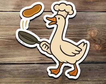 Funny Chef Goose Flipping Pancake Vinyl Sticker: Waterproof Decal