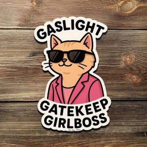 Peut inclure: Un autocollant représentant un chat de dessin animé portant des lunettes de soleil et un blazer rose. Le texte "GASLIGHT" est au-dessus de la tête du chat, et "GATEKEEP GIRLBOSS" est en dessous. Fond en bois.