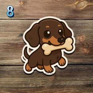 May include: A cartoon sticker of a brown and tan dachshund dog holding a bone. The sticker has a white border and is set against a wooden background. The number 8 is in the upper left corner.