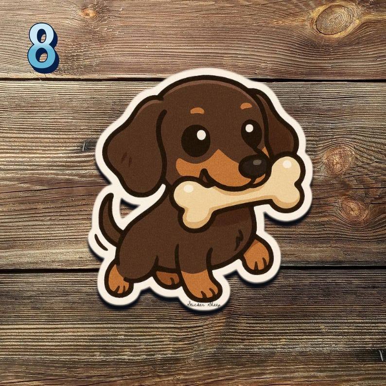 May include: A cartoon sticker of a brown and tan dachshund dog holding a bone. The sticker has a white border and is set against a wooden background. The number 8 is in the upper left corner.