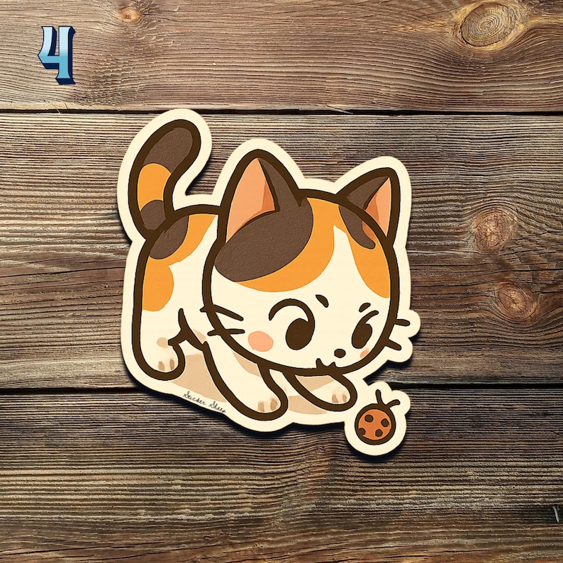 May include: A sticker featuring a cartoon calico cat with brown, orange, and white markings. The cat is playfully reaching for a small ladybug. The number "4" is in the upper left corner.
