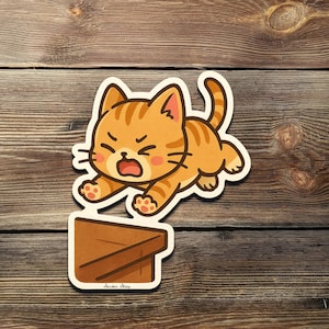 Pegatina divertida de gato saltando: vinilo kawaii de dibujos animados para portátiles, diarios, botellas de agua o como regalo para amantes de los gatos.