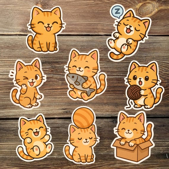 Kawaii Orange Tabby Cat Sticker Set: Waterproof Laptop Stickers