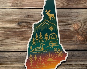 New Hampshire State Sticker | Moose Mountain Cabin Lake Design | Nature Vinyl Decal | Travel Gift for Hikers & Outdoor Lovers