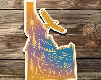 Idaho Sunset Sticker: Die Cut State Shape, Mountain River Design
