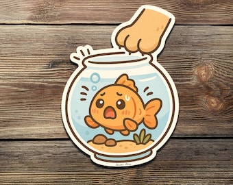 Funny Goldfish Sticker: Kawaii Fishbowl Panic Scene Vinyl Decal