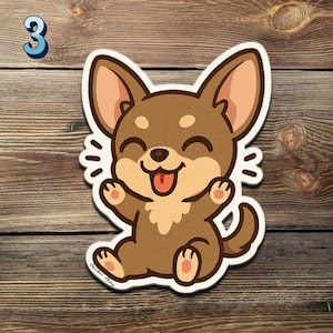 May include: A sticker of a cartoon chihuahua with a joyful expression, tongue out, and arms raised. The chihuahua is brown with tan ears and paws, outlined in white. The number "3" is in the upper left corner.