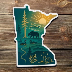Minnesota Sunset Vinyl Sticker: Canoe, Bear, Loons - Waterproof State Decal