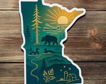 Minnesota Sunset Vinyl Sticker: Canoe, Bear, Loons - Waterproof State Decal