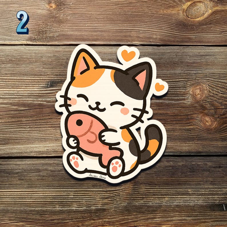 May include: A sticker featuring a cartoon calico cat hugging a pink fish. The cat has a white face with orange and black markings, a black tail, and orange hearts. The sticker is on a wooden surface.