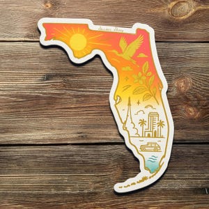 Adesivo in vinile dello Stato della Florida con design di palma al tramonto – Adesivo a forma di Florida tropicale per laptop, borraccia, idea regalo da viaggio
