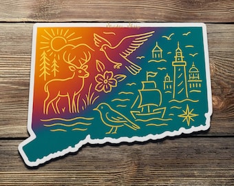 Connecticut Vinyl Sticker: Lighthouse, Deer & Ship Design - Waterproof State Decal