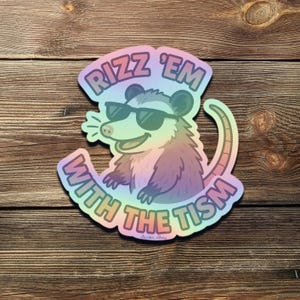 May include: A sticker featuring a cartoon opossum wearing sunglasses. The opossum is in shades of purple, pink, and blue. The sticker has the text "Rizz 'em with the tism" in a rainbow gradient.
