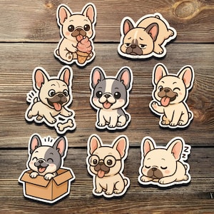 Zestaw naklejek z buldogiem francuskim – urocze naklejki winylowe z chibi buldogiem francuskim | Naklejki z psem Kawaii na laptopy, butelki na wodę, dzienniki