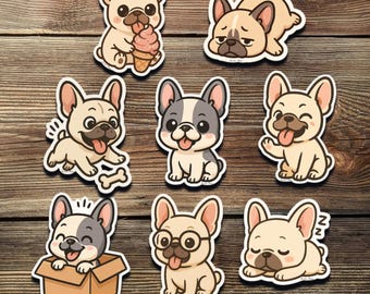 Zestaw naklejek z buldogiem francuskim – urocze naklejki winylowe z chibi buldogiem francuskim | Naklejki z psem Kawaii na laptopy, butelki na wodę, dzienniki