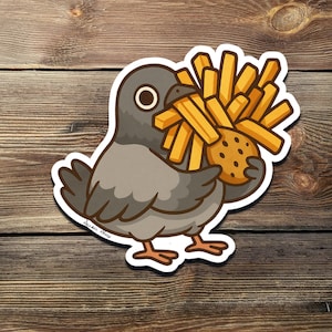 Greedy Pigeon Sticker – Funny Cartoon Pigeon Hoarding Fries & Cookie, Bird Snack Vinyl Decal – For Bottles, Notebooks, Cars, and Phones