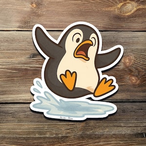 Pegatina divertida de pingüino resbaladizo: vinilo de dibujos animados para portátiles, termos, diarios y regalos para amantes de los animales.