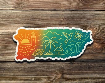 Puerto Rico Island Vinyl Sticker: Tropical Sunset, Lighthouse & Coquí